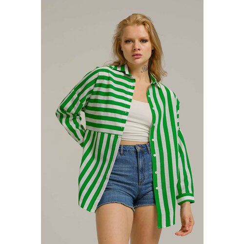 armonika Women's Green Asymmetrical Striped Overszie Long Basic Shirt Slike