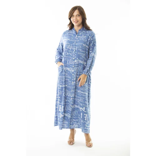 Şans Women's Large Size Blue Woven Viscose Fabric Front Buttoned Long Sleeve Dress
