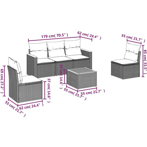  6-dijelni set vrtnih sofa s jastucima crni od poliratana Crna 61 x 62 x 69 cm Slike