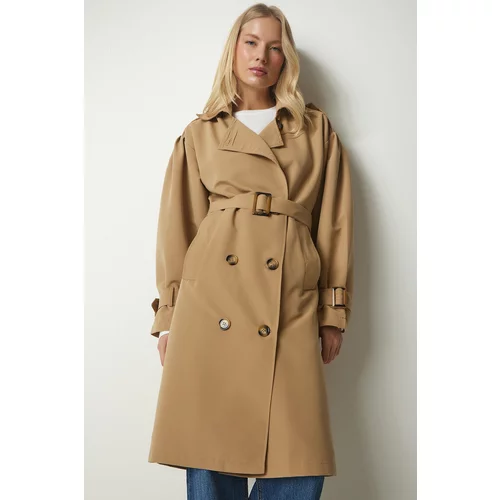 Happiness İstanbul Women's Camel Double-breasted Collar Belted Trench Coat