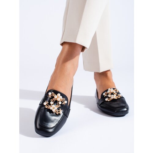 SHELOVET Black women&amp;#039;s loafers with gold ornament Slike