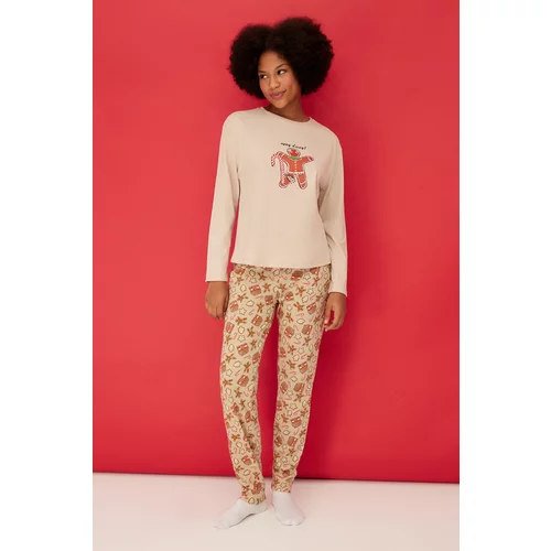 Trendyol Cream 100% Cotton Christmas Theme T-shirt-Pants and Knitted Pajamas Set