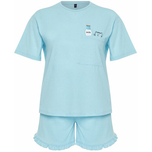 Trendyol Curve Light Blue Single Jersey Knitted Plus Size Pajamas Set Cene
