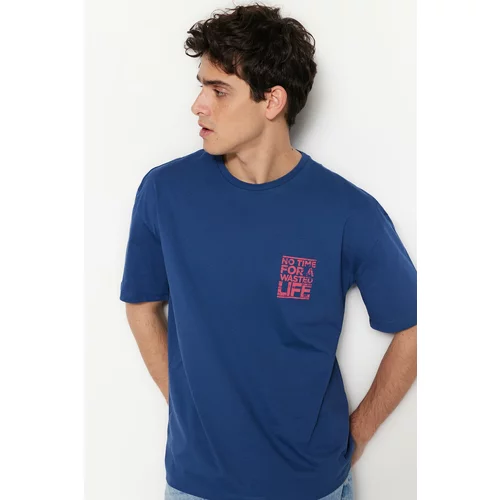 Trendyol Indigo Men's Relaxed/Comfortable Cut, Crew Neck T-Shirt with Text Print.