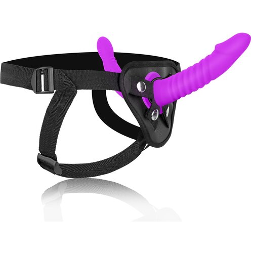 SuperLove Soft Silicone Pegging Dual Dildo Strap-On Harness Purple-Black Slike