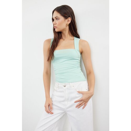 Trendyol Mint Plain Square Neck Strap Gathered Knitted Blouse Slike