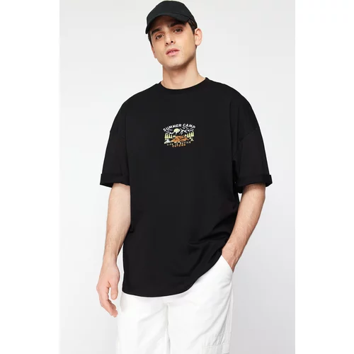 Trendyol Men's Black Oversize/Wide Cut Short Sleeve Landscape Embroidered 100% Cotton T-Shirt