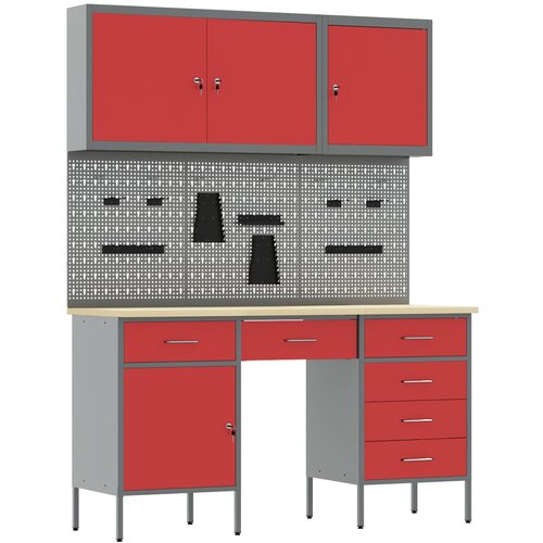 VidaXL Set radne kabineta i zida sa kukama, 8 dijelova, crvena MDF i metal Slike