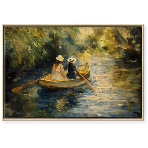  Slika - Boat crossing - painting of two women sailing a boat on a river 120x80 U prirodnom drvenom okviru Slike