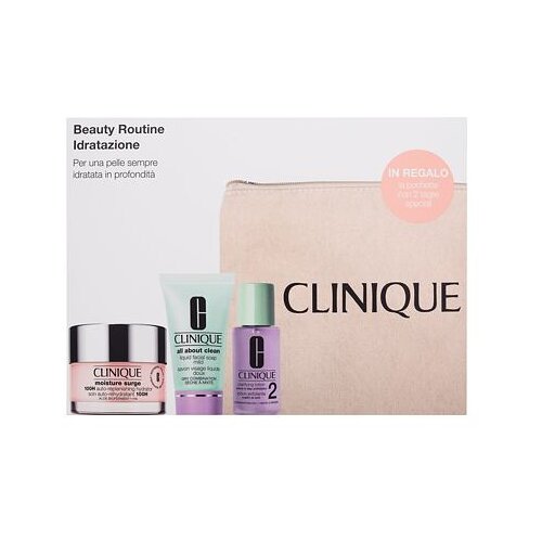 Clinique Beauty Routine Hydration darovni set hidratantna krema Moisture Surge 100-Hour Auto Replenishing Hydrator 50 ml + tekući sapun za lice All About Clean Liquid Facial Soap 30 ml + losion Clarifying Lotion 2 30 ml + kozmetička torbica za žene Slike