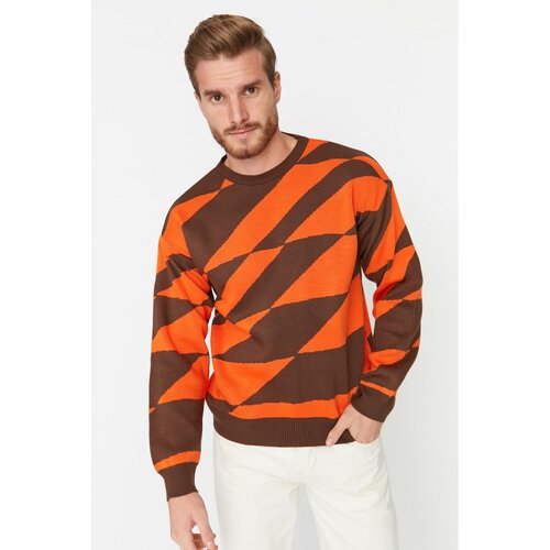 Trendyol Orange Men Regular Fit Crew Neck Geometric Patterned Knitwear Sweater Cene