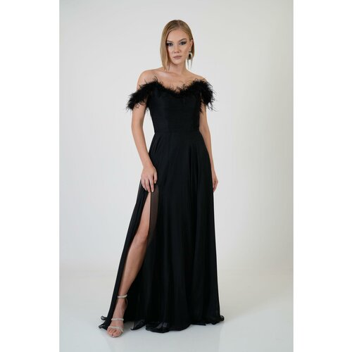 Carmen Black Feathered Slit Chiffon Evening Dress Slike