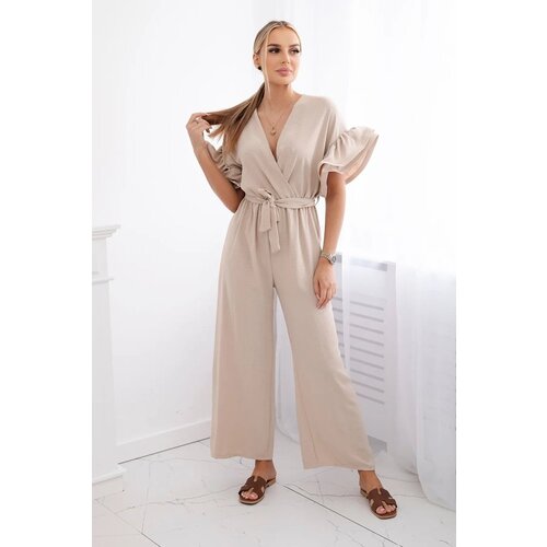 Kesi Jumpsuit with a tie at the waist with decorative sleeves in beige color Slike