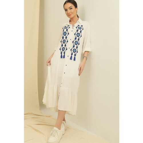 By Saygı Oversize Viscose Long Dress with Front Buttoned Charm Embroidered Sleeve Fold Cene