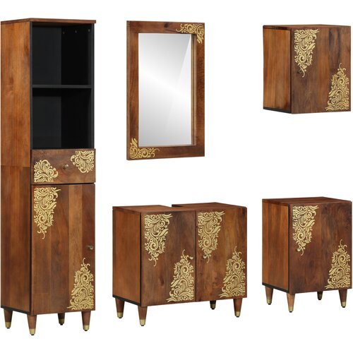 VidaXL Set kupaonskog namje&amp;scaron;taja od 5 komada Čvrsto drvo manga, Ormar za umivaonik 62x33x58 cm Čvrsto drvo manga, Ogledalo 50x70x3 cm Čvrsto drvo manga, Sideboard 38x33x160 cm Čvrsto drvo manga, Kupaonski ormar 38x33x58 cm Čvrsto drvo manga, Ormar za kupaonicu 38x33x48 cm Čvrsto drvo manga Slike
