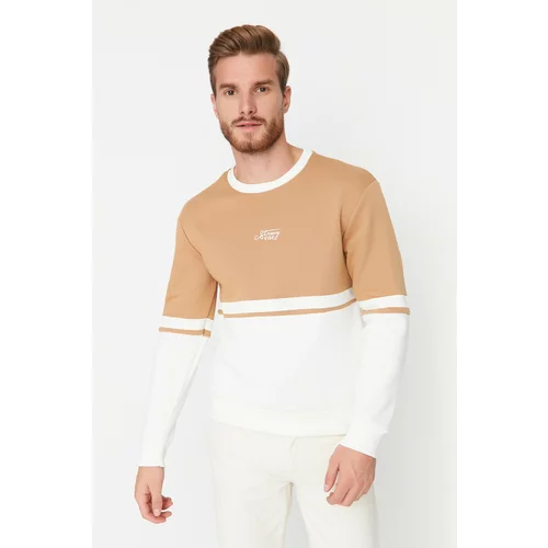 Trendyol Camel Men Regular Fit Long Sleeve Crew Neck Printed Paneled Sweatshirt