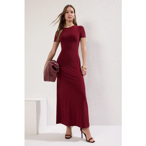 Trendyol Burgundy Short Sleeve Bodysitting Crew Neck Stretchy Knitted Maxi Pencil Dress