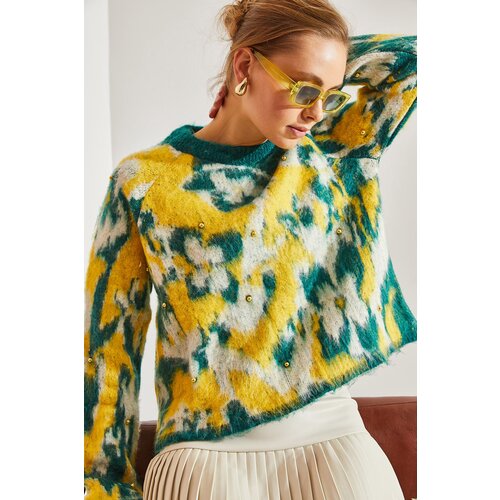 Bianco Lucci Women&amp;#039;s Raised Pearl Stone Embroidered Knitwear Sweater Slike