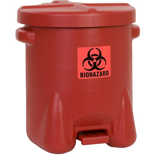 Justrite Varnostna PE-posoda za odstranjevanje biološko nevarnih odpadkov, nalepka za biološko nevarnost BIOHAZARD, prostornina 53 l, s pedalom, rdeče Cene