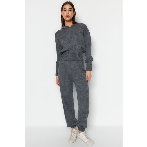 Trendyol Anthracite Hooded Knitwear Top and Bottom Set Slike