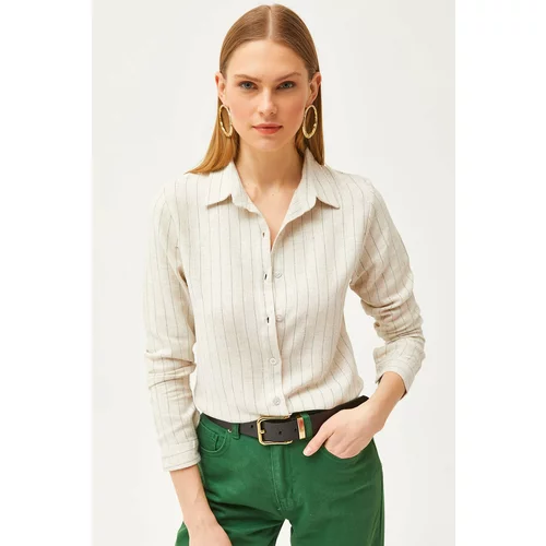 Olalook Women's Stone Green Striped Linen Shirt