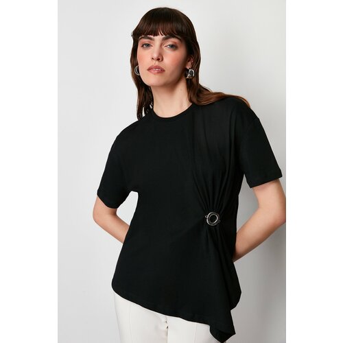 Trendyol Black 100% Cotton Accessory Detail Asymmetric Knitted T-Shirt Cene