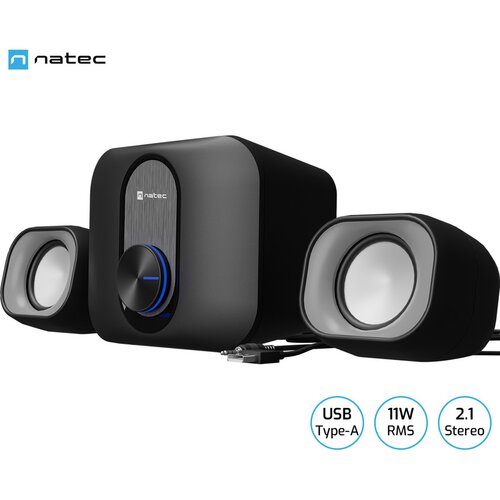Natec PUG računalniški zvočniki, 2.1 STEREO, 11W RMS, Plug & Play, USB-A, 3.5mm minijack, nadzor glasnosti, LED osvetlitev, črni, (21556541) Cene