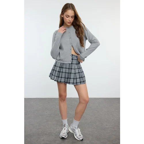 Trendyol Anthracite Pleated Plaid Patterned Woven Mini Skirt