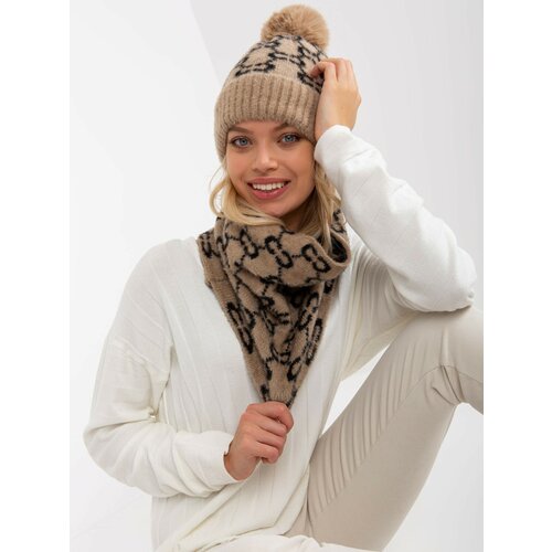 Fashion Hunters Beige and black lady's winter cap with pompom Cene