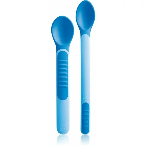 Mam Heat Sensitive Spoons & Cover 6m+ Blue darovni set duga žlica 1 kom + kratka žlica 1 kom + kutija za žlicu za djecu