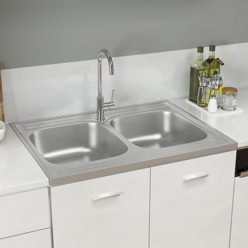 vidaXL Dvojno kuhinjsko pomivalno korito srebrno 800x600x155 mm, (21822684) Cene