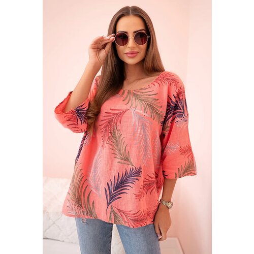Kesi Włoski Women's cotton blouse with leaves with roll-up sleeves raspberry Cene