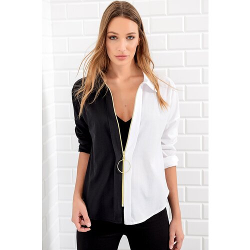 Trend Alaçatı Stili Women's Black and White Zippered Color Block Woven Shirt Cene
