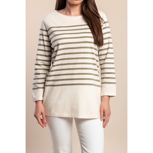 Fenzy Plus Size Bombažna Majica S Črtastim Potiskom, Bež Cene