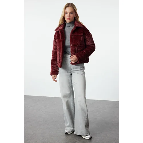 Trendyol Claret Red Oversized Plush Coat with Quilted Detail