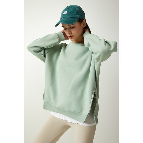 Happiness İstanbul Women's Aqua Green Zipper Detailed Raised Knitted Sweatshirt Slike