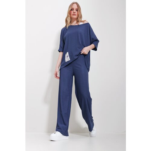 Trend Alaçatı Stili Women's Navy Blue Boat Neck Blouse And Palazzo Trousers 3-Piece Suit Slike