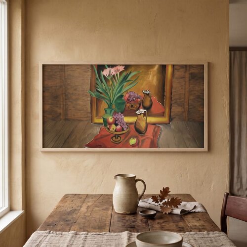 Wallxpert uramljena MDF slika ARTSNTMDL1, mrtva priroda sa cvećem, voćem i bokalima, 50 x 120 cm Slike