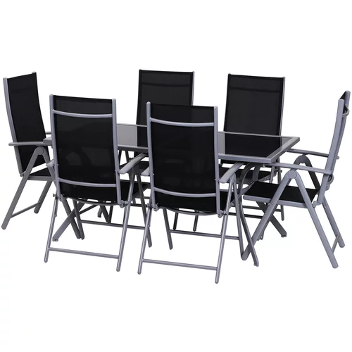 Outsunny Set vrtnega pohištva miza s 6 zložljivimi stoli nagibno naslonjalo 7 stopenj nerjaveča prašno lakirana struktura črno srebrna aluminijasta mreža steklo, (20752944)