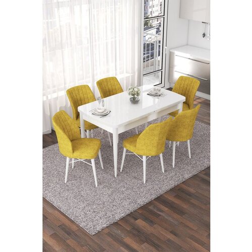 Hanah home nef - white, mustard whitemustard extendable dining table & chairs set (7 pieces) Cene