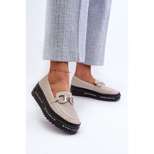 Kesi Women's leather loafers on the platform with S.Barski decoration beige Cene