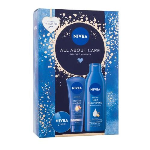 Nivea All About Care set: univerzalna krema Creme 30 ml + krema za roke Intensive Moisture 100 ml + losjon za telo Rich Nourishing 250 ml za ženske Cene