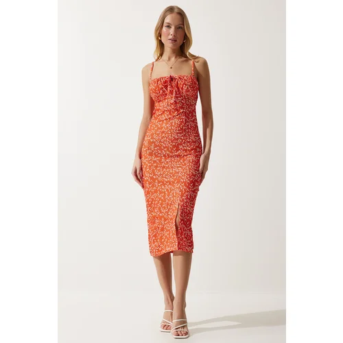  Women's Vivid Orange Floral Slit Summer Knitted Dress