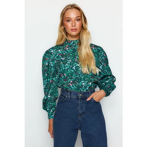 Trendyol Green Woven Stand Up Collar Patterned Blouse