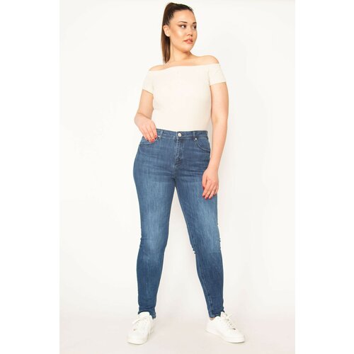 Şans Women's Plus Size Navy Blue Washed Effect 5 Pocket Lycra Jeans Slike