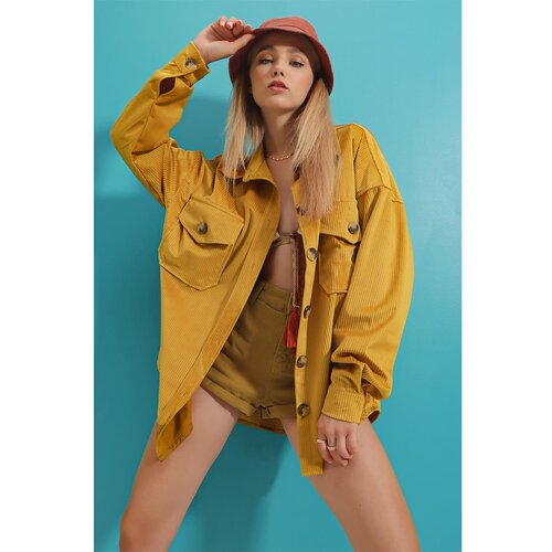 Trend Alaçatı Stili Women's Mustard Velvet Cotton Double Pocket Oversize Jacket Shirt Slike