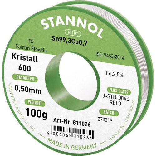Stannol mehka spajkalna žica Kristall 600 v zlitini Flowtin TC Sn99Cu1 z 2\,5% pretoka 0\,5 mm premera na 100 g koluta Kristall 600 Fairtin spajkalna žica\, neosvinčena neosvinčeni S, (20428495) Cene