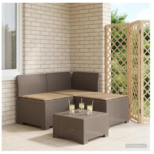 vidaXL Dvosjedni vrtni sofa s jastucima u ratan izgledu 3-sjedalo PP - Svjetlosiva Sofa + srednji + kutni s taupe jastučićem Cene