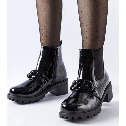Gemre Black patent insulated ankle boots with a Leo buckle Cene