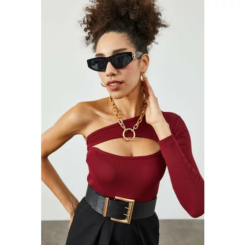 XHAN Women's Burgundy Camisole Blouse with Decollete